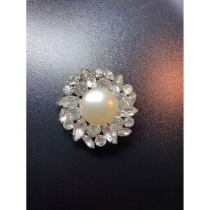 Vintage Rhinestone Faux Pearl Brooch AB Aurora Borealis Cluster Flower Statement